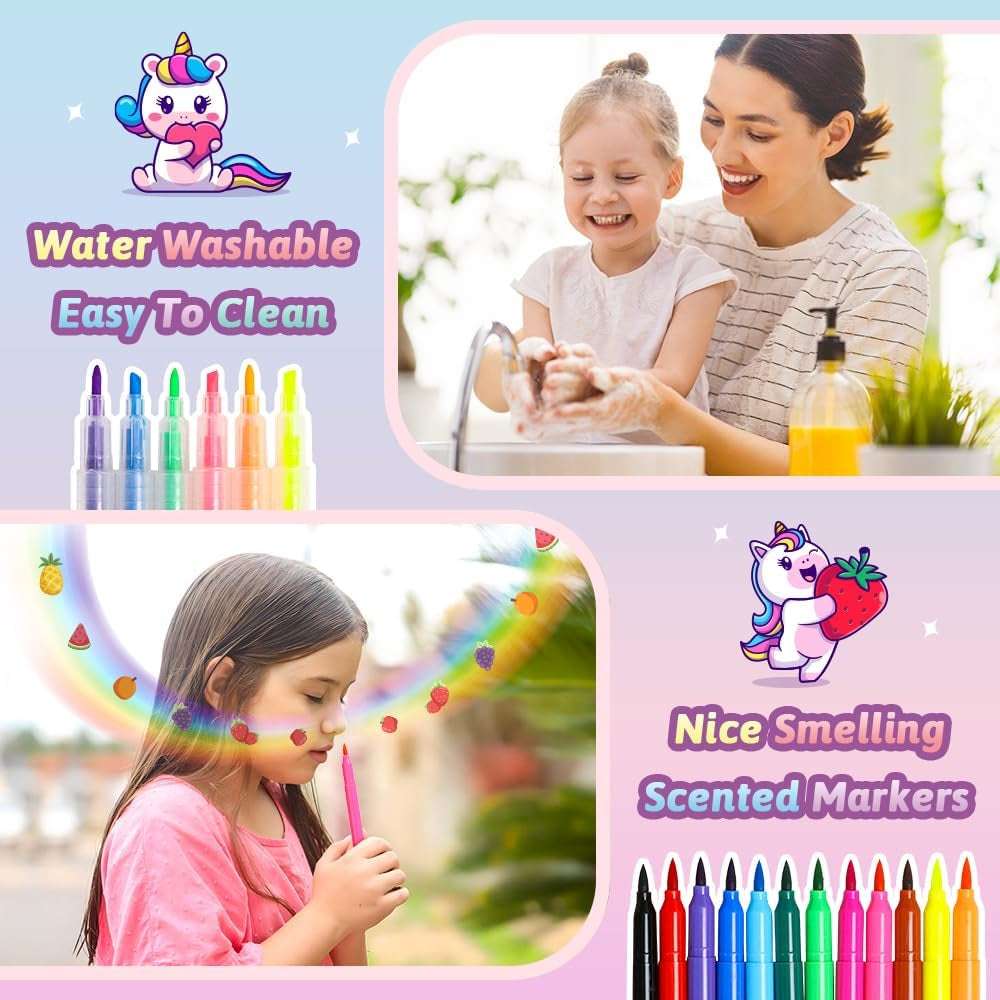 Unicorn Fruit Scented Markers Set - 56-Piece Art Supplies for Kids Aged 4-12, Perfect Birthday Gifts for Creative Girls!
