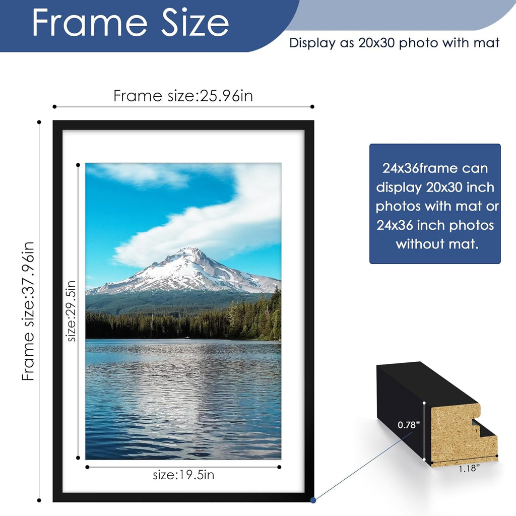24X36 Poster Frame, Display Pictures 20 X 30 with Mat or 24 X 36 without Mat, Poster Frames 24 X 36 Inches for Wall Mounting Display, Black.