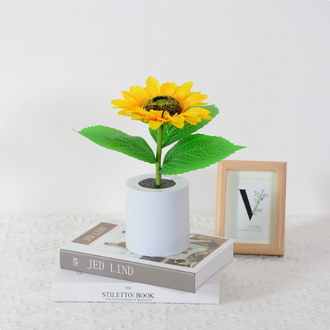 Sunflower LED Table Lamp - Decorative Night Light on Books with White Pot Design