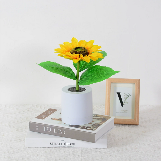 Sunflower LED Table Lamp - Decorative Night Light on Books with White Pot Design