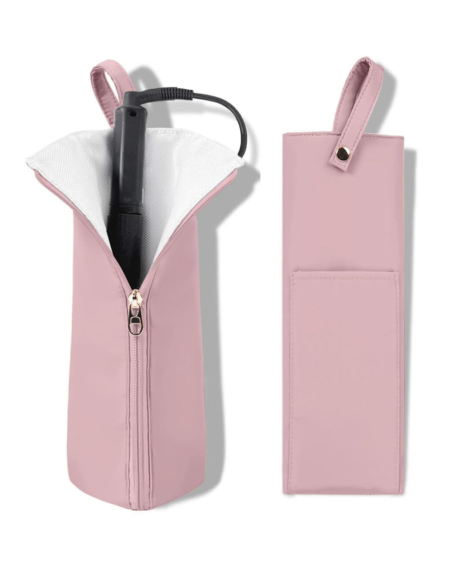 Pink heat-resistant hair iron travel bag with zipper closure and hanging loop