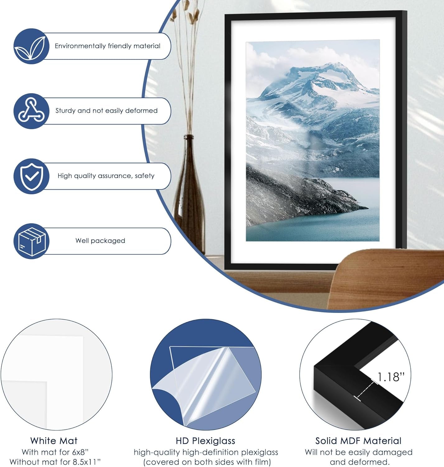 24X36 Poster Frame, Display Pictures 20 X 30 with Mat or 24 X 36 without Mat, Poster Frames 24 X 36 Inches for Wall Mounting Display, Black.