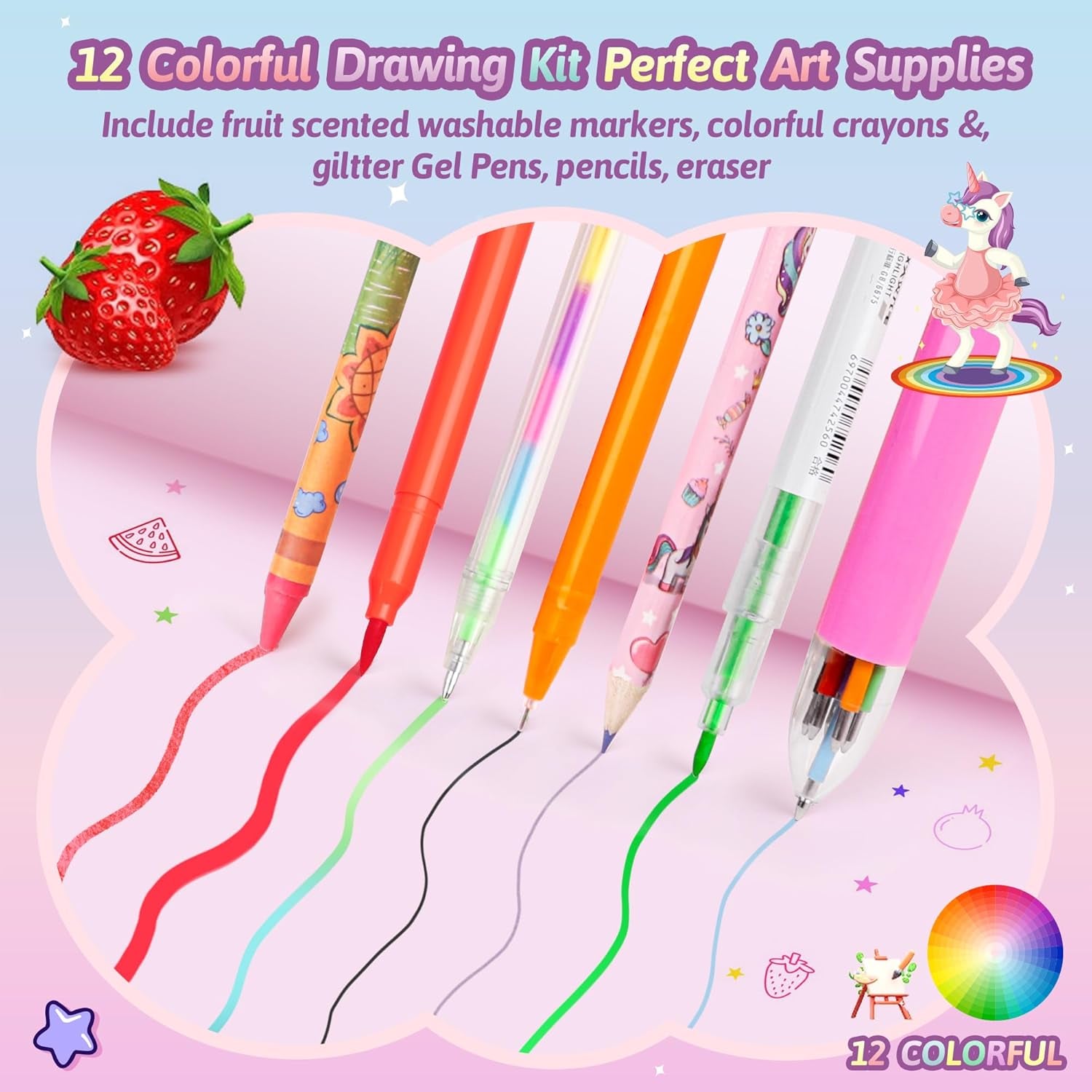 Unicorn Fruit Scented Markers Set - 56-Piece Art Supplies for Kids Aged 4-12, Perfect Birthday Gifts for Creative Girls!