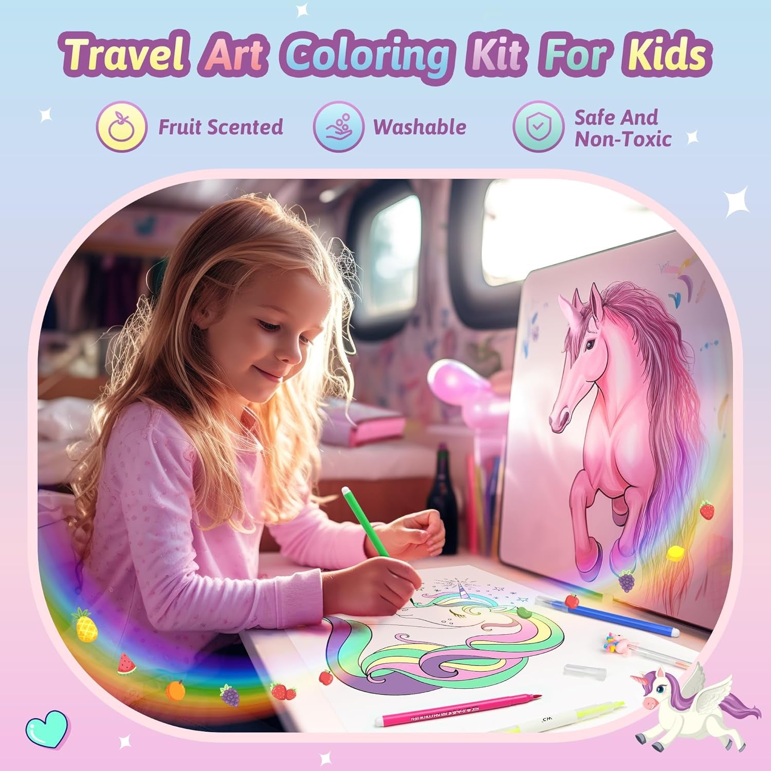 Unicorn Fruit Scented Markers Set - 56-Piece Art Supplies for Kids Aged 4-12, Perfect Birthday Gifts for Creative Girls!